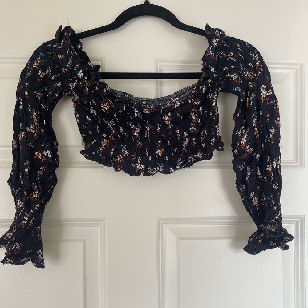 Cropped black floral top in size small